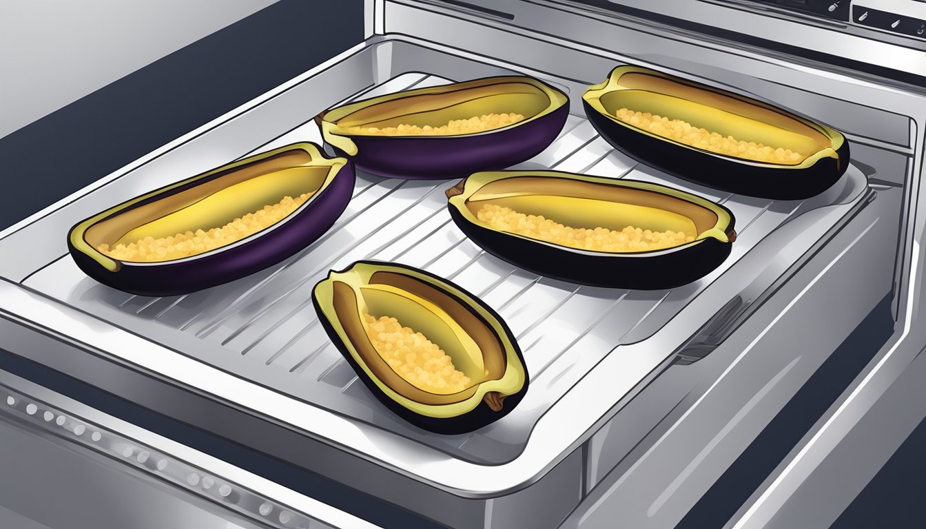 A baking sheet with gluten-free eggplant boats arranged in the oven, being heated to perfection