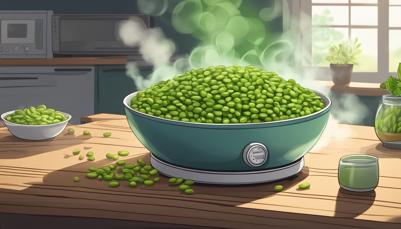 A bowl of steamed edamame sits on a wooden table, surrounded by a light steam. A microwave in the background indicates the process of reheating