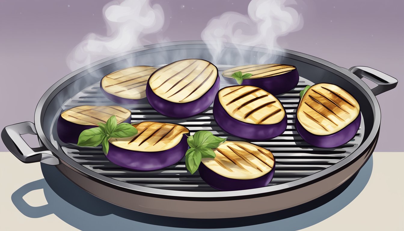 A plate of grilled eggplant slices being reheated on a grill or in a skillet, with steam rising from the hot surface