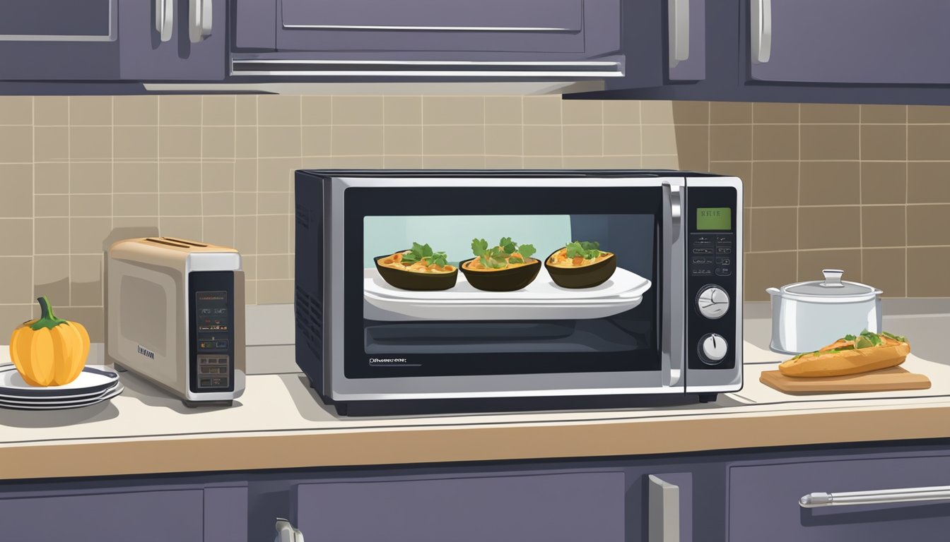 A microwave with a plate of gluten free eggplant boats inside, a toaster oven, and a stovetop with a pot of boiling water