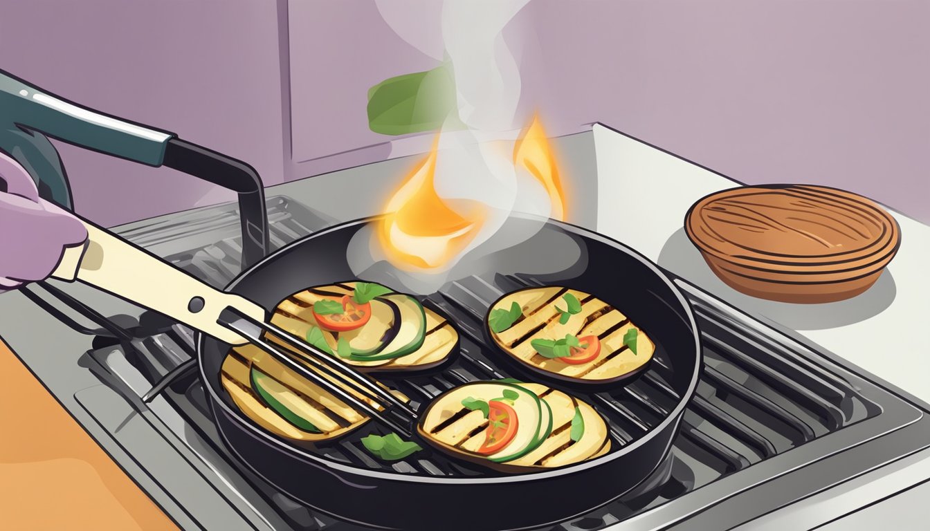 A person using a spatula to reheat gluten-free grilled eggplant in a non-stick pan on a gas stove