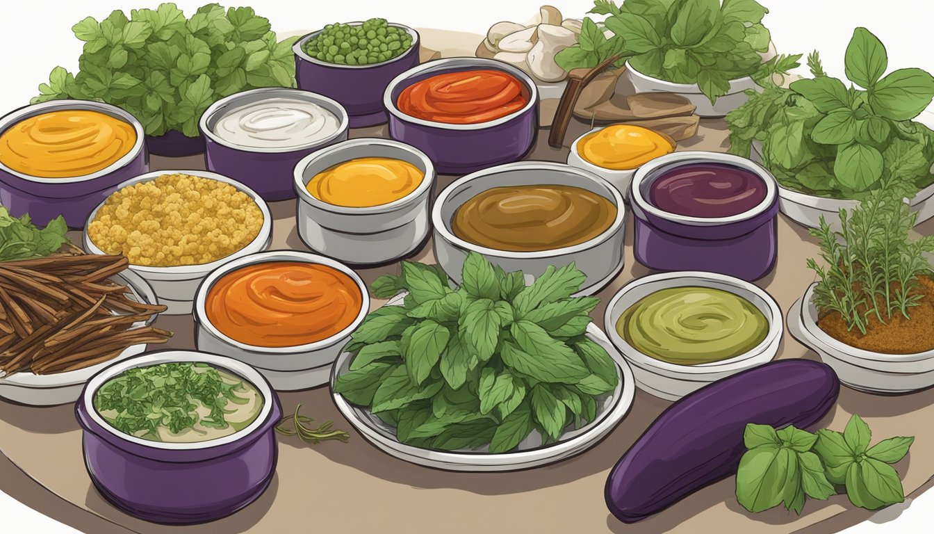 A colorful array of fresh herbs, spices, and sauces surround a tray of gluten-free eggplant boats, ready to be reheated