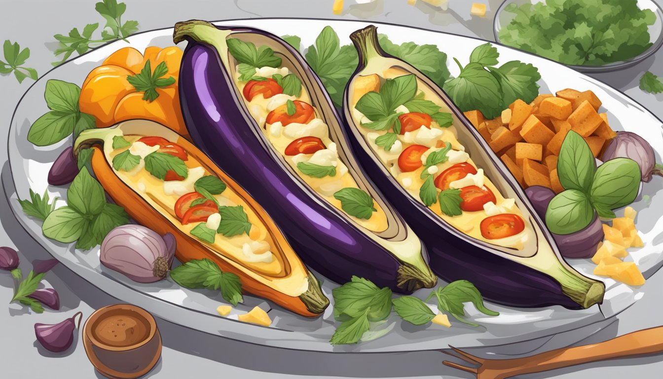 Eggplant boats arranged on a serving platter, topped with melted cheese and fresh herbs, surrounded by colorful roasted vegetables