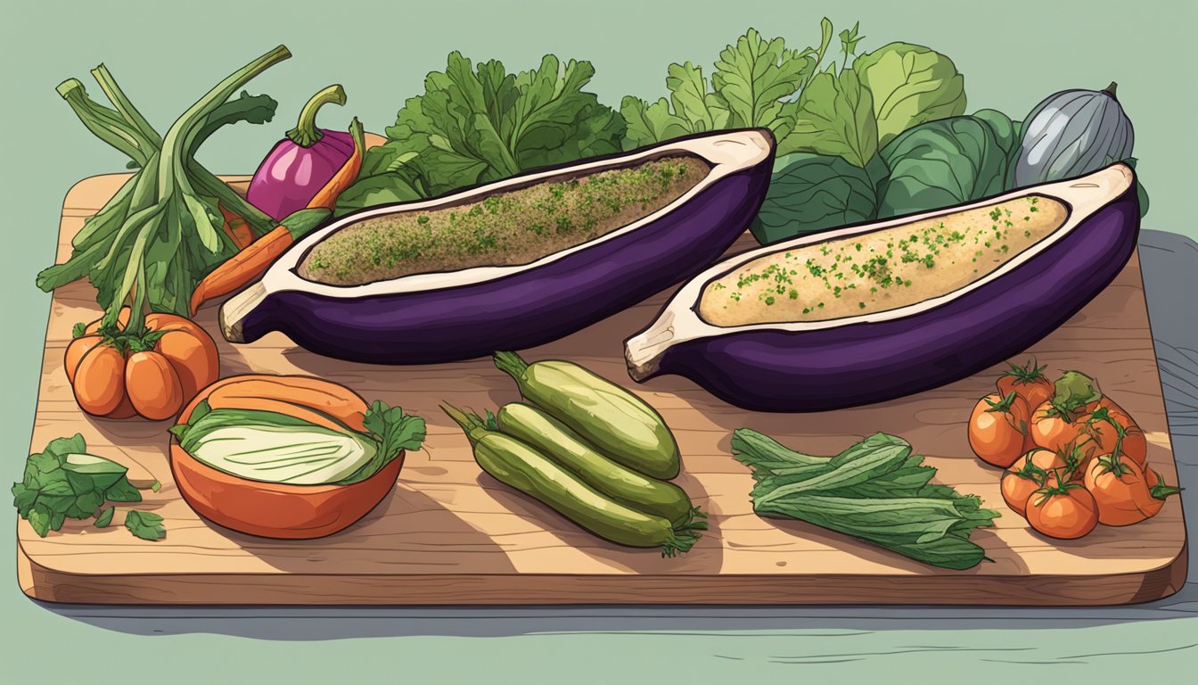 Freshly baked eggplant boats arranged on a wooden cutting board, surrounded by various colorful vegetables and herbs. A microwave in the background indicates the process of reheating