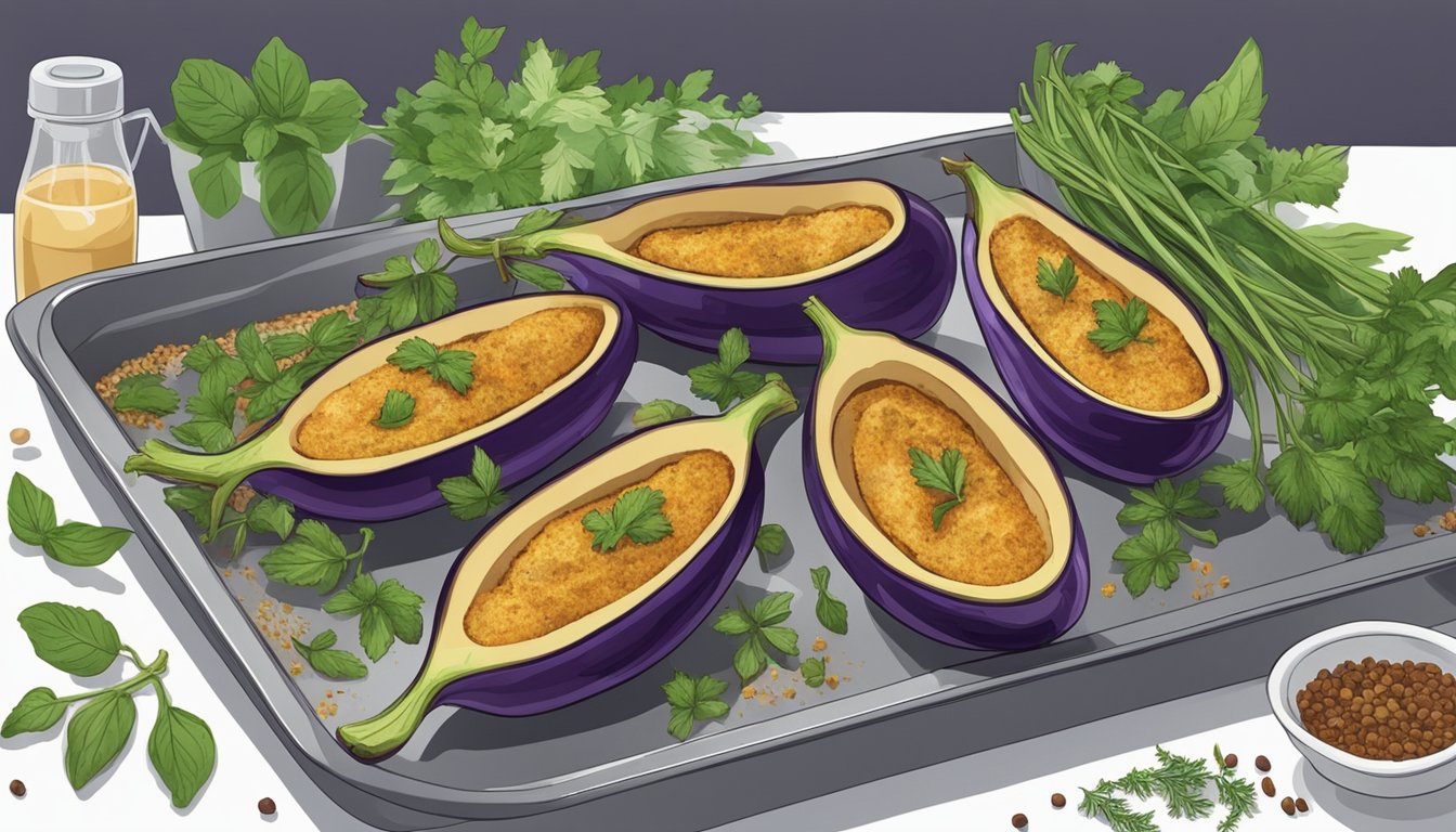 Eggplant boats arranged on a baking sheet, surrounded by fresh herbs and spices. A microwave or oven in the background for reheating