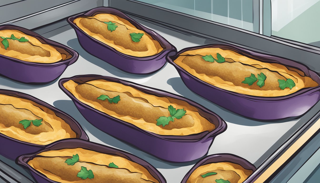 A tray of gluten-free eggplant boats being reheated in the oven