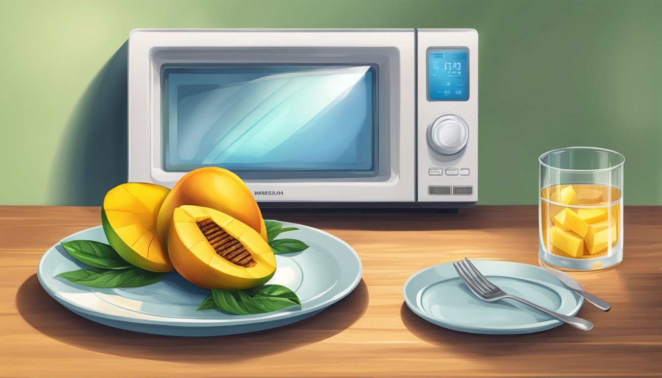 A plate with grilled mango slices next to a microwave and a glass of water