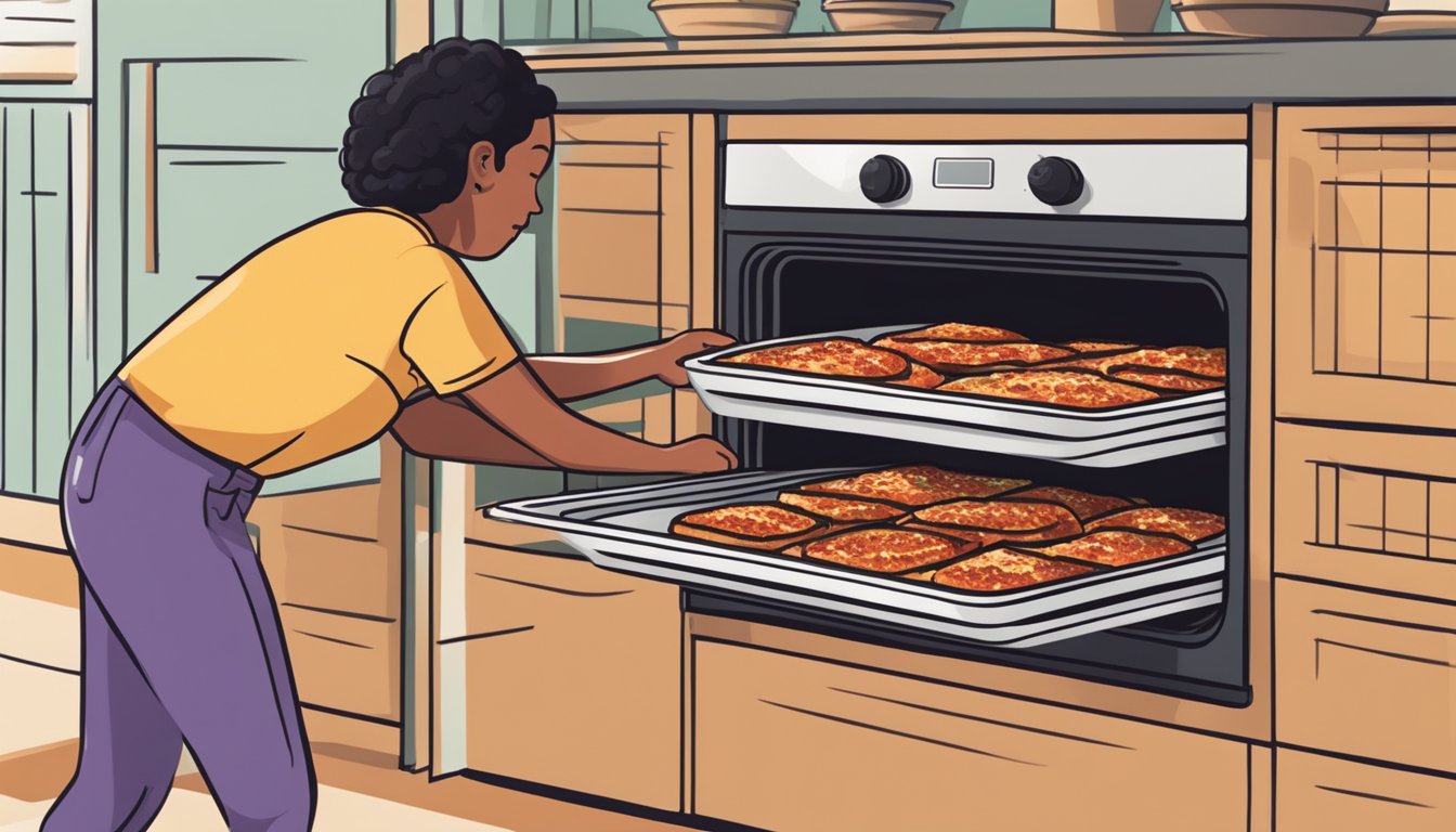 A person placing a tray of gluten free eggplant parmesan into an oven for reheating