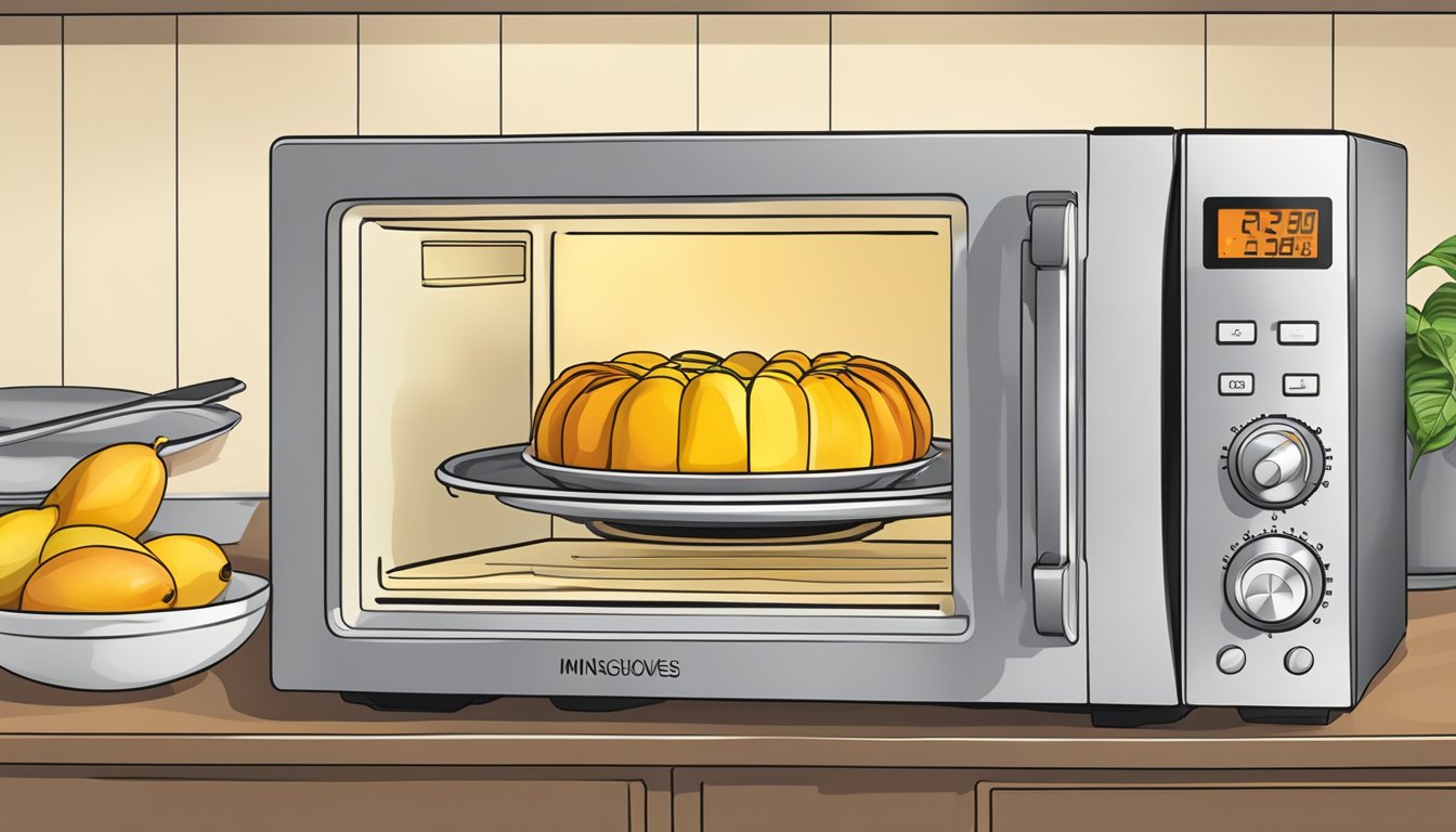 A microwave with a plate of grilled mango inside, a timer set for reheating