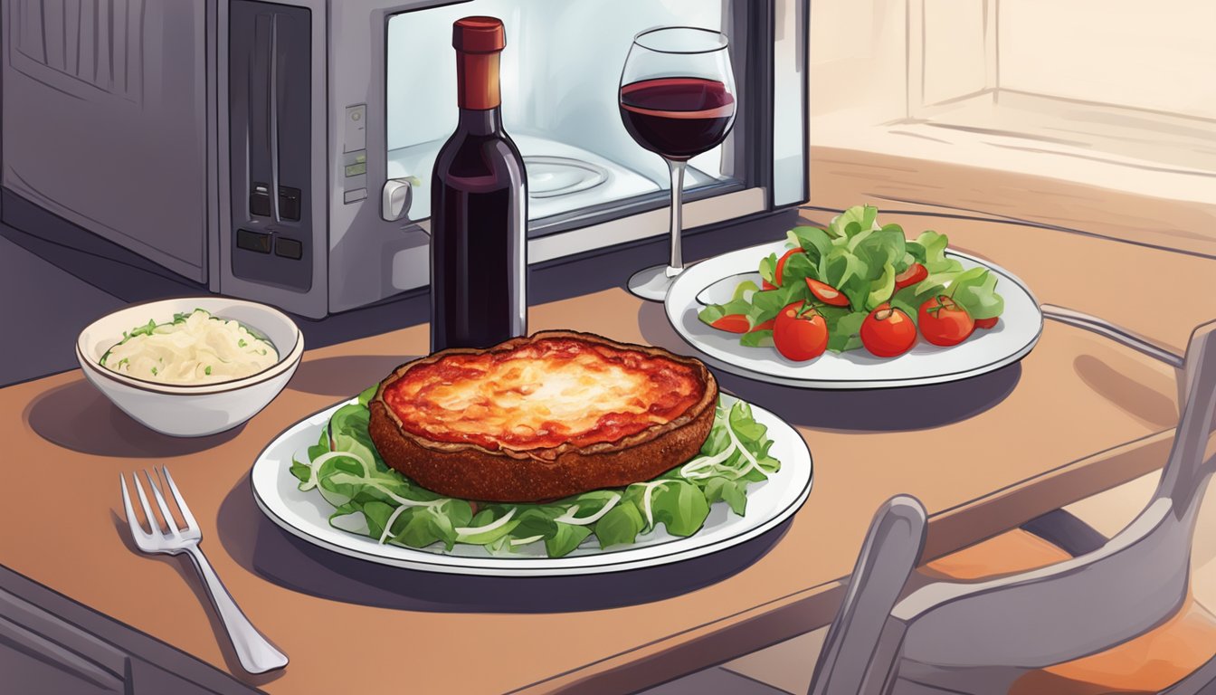 A plate of gluten free eggplant parmesan being reheated in the microwave, with a side of fresh salad and a glass of red wine