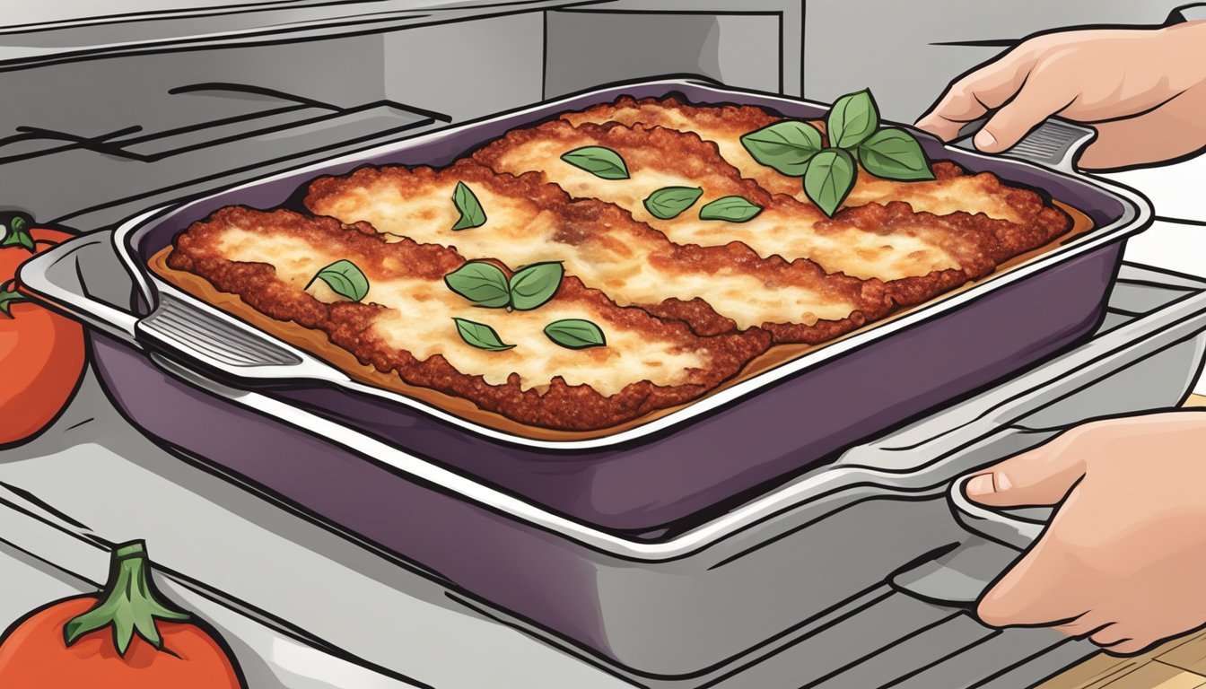 A baking dish of gluten free eggplant parmesan being removed from the oven