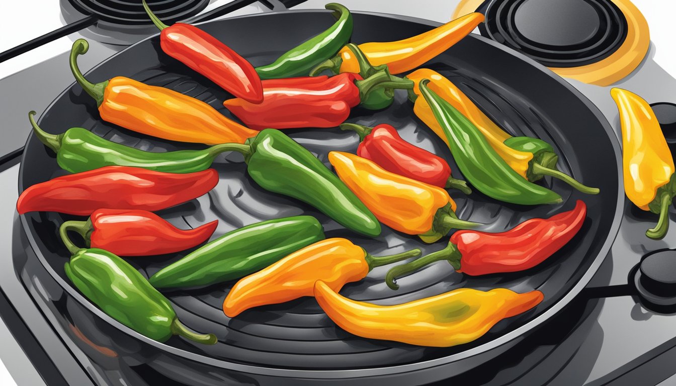 A plate of grilled peppers being reheated on a stovetop in a non-stick pan