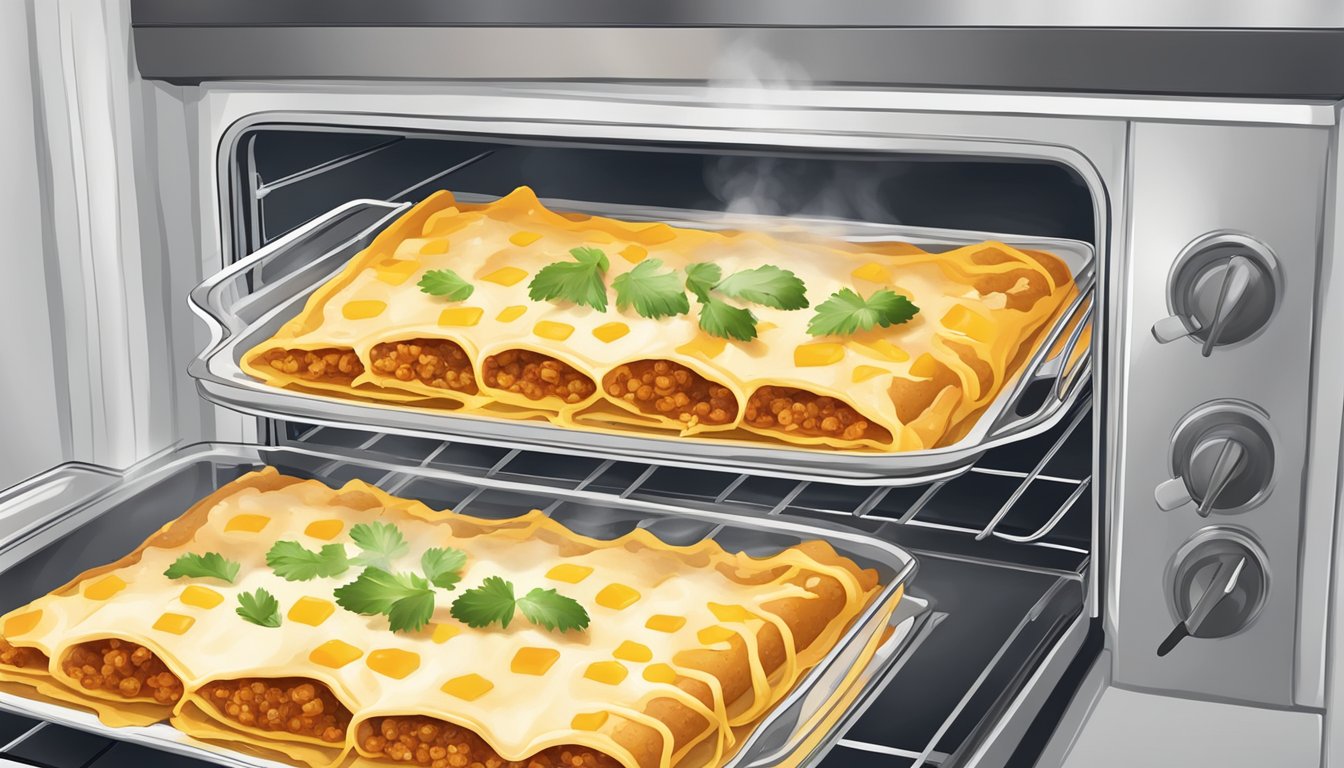 A plate of gluten-free enchiladas being reheated in the oven, with steam rising and the cheese melting on top