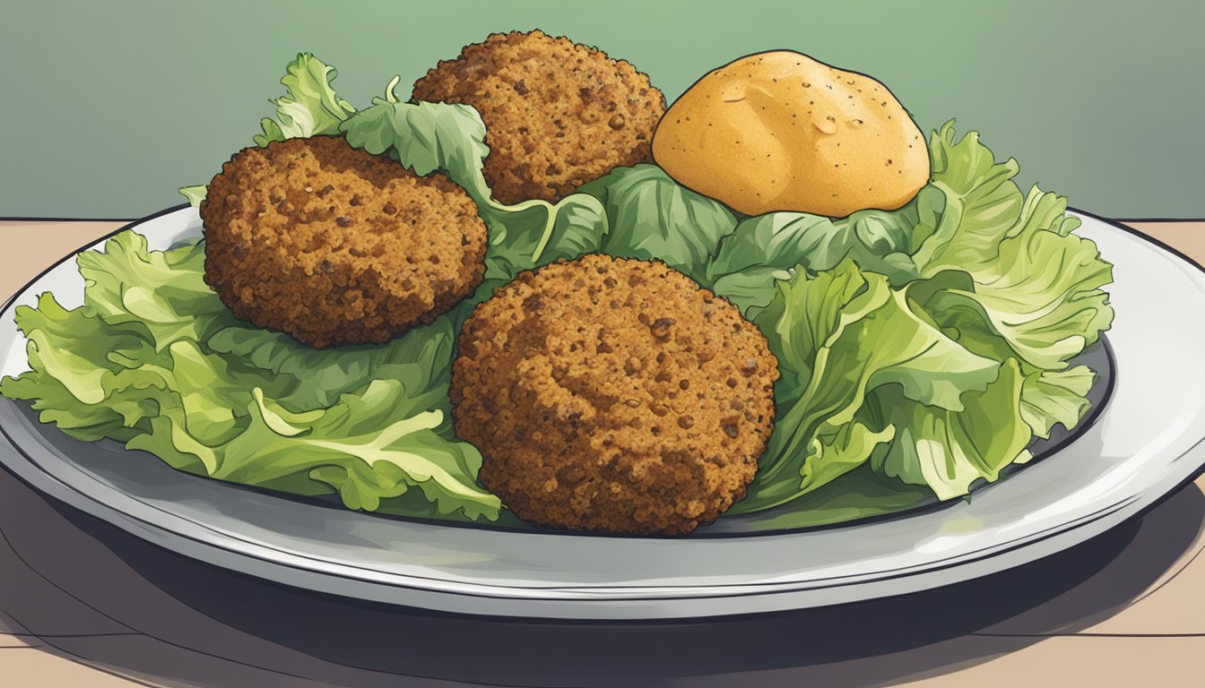 A plate of gluten-free falafel sits on a bed of lettuce, with a microwave in the background