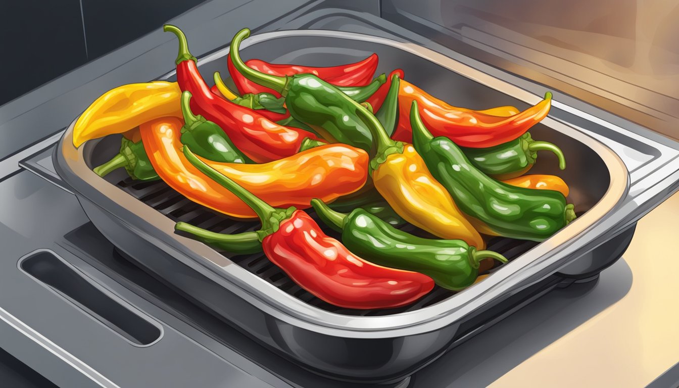 A plate of grilled peppers being reheated in the microwave. A steaming dish with vibrant colors and appetizing aroma