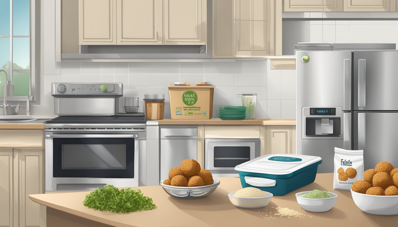 A kitchen counter with a container of gluten-free falafel next to a labeled storage bag. A microwave and a plate for reheating