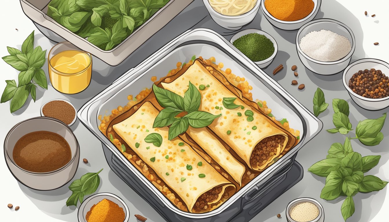 A plate of gluten free enchiladas being reheated in the microwave with steam rising, surrounded by various spices and herbs for flavor enhancement