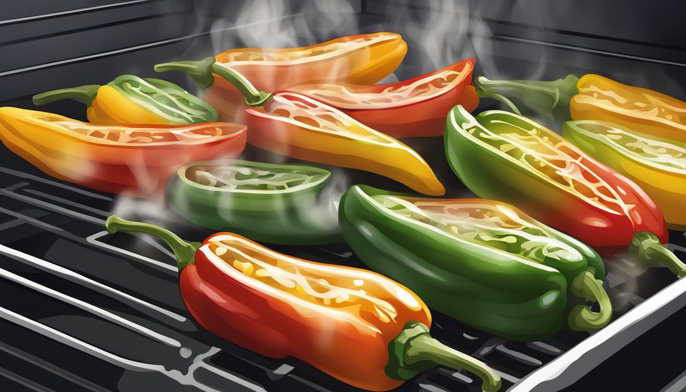 A plate of grilled peppers being heated in the oven, with steam rising from the peppers as they warm up, releasing their savory aroma