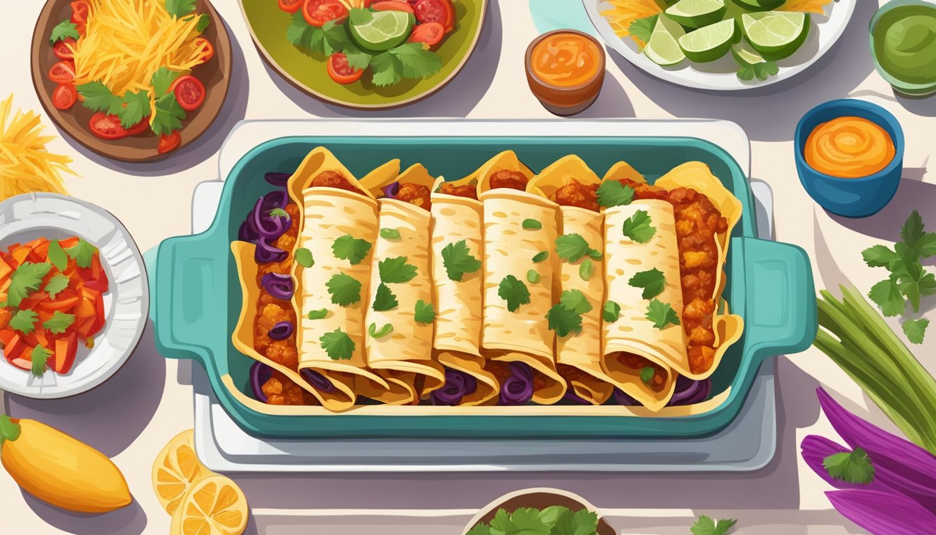 A plate of gluten-free enchiladas being reheated in the oven, surrounded by colorful garnishes and placed on a vibrant table setting