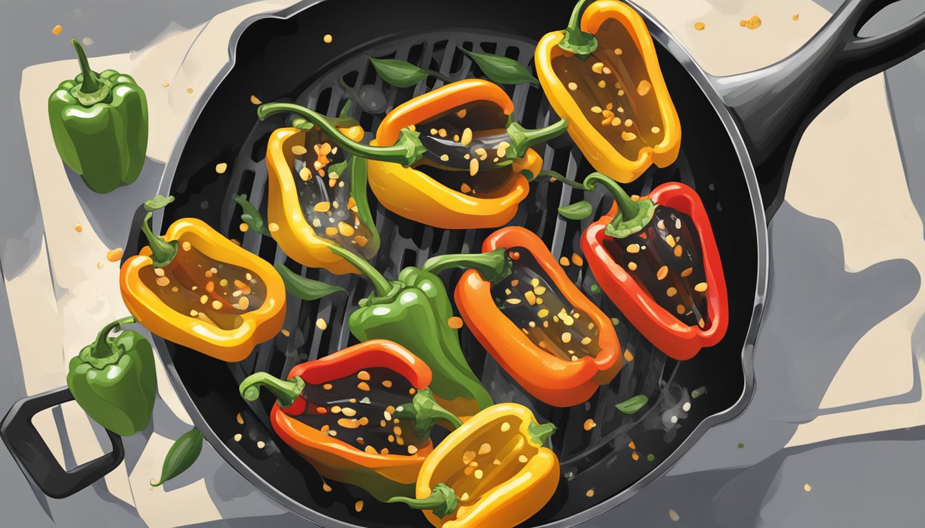 Grilled peppers sizzling in a skillet, steam rising, releasing their savory aroma. A sprinkle of seasoning adds a burst of color and flavor