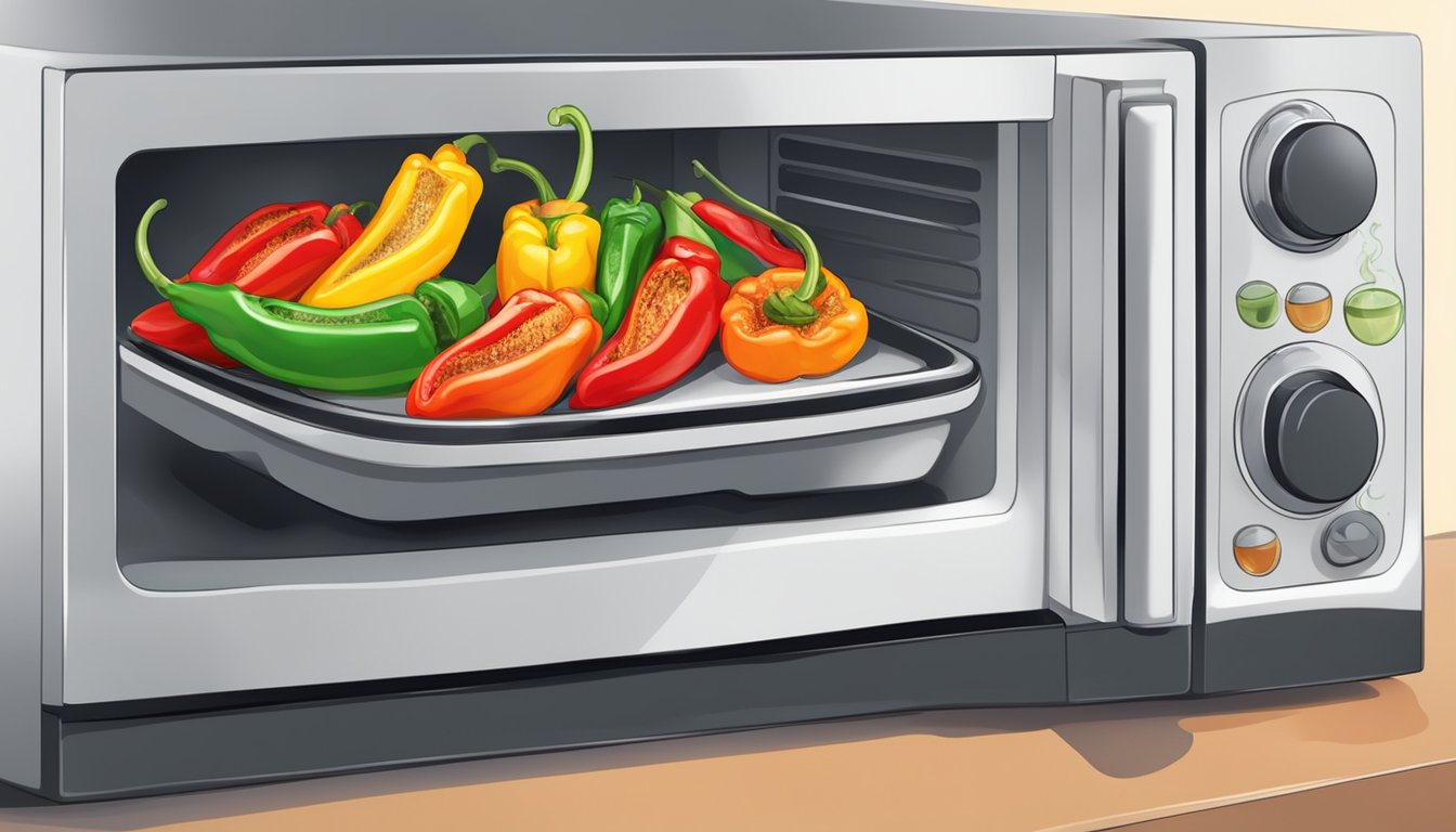 A plate of grilled peppers arranged with colorful garnishes, steaming in a microwave