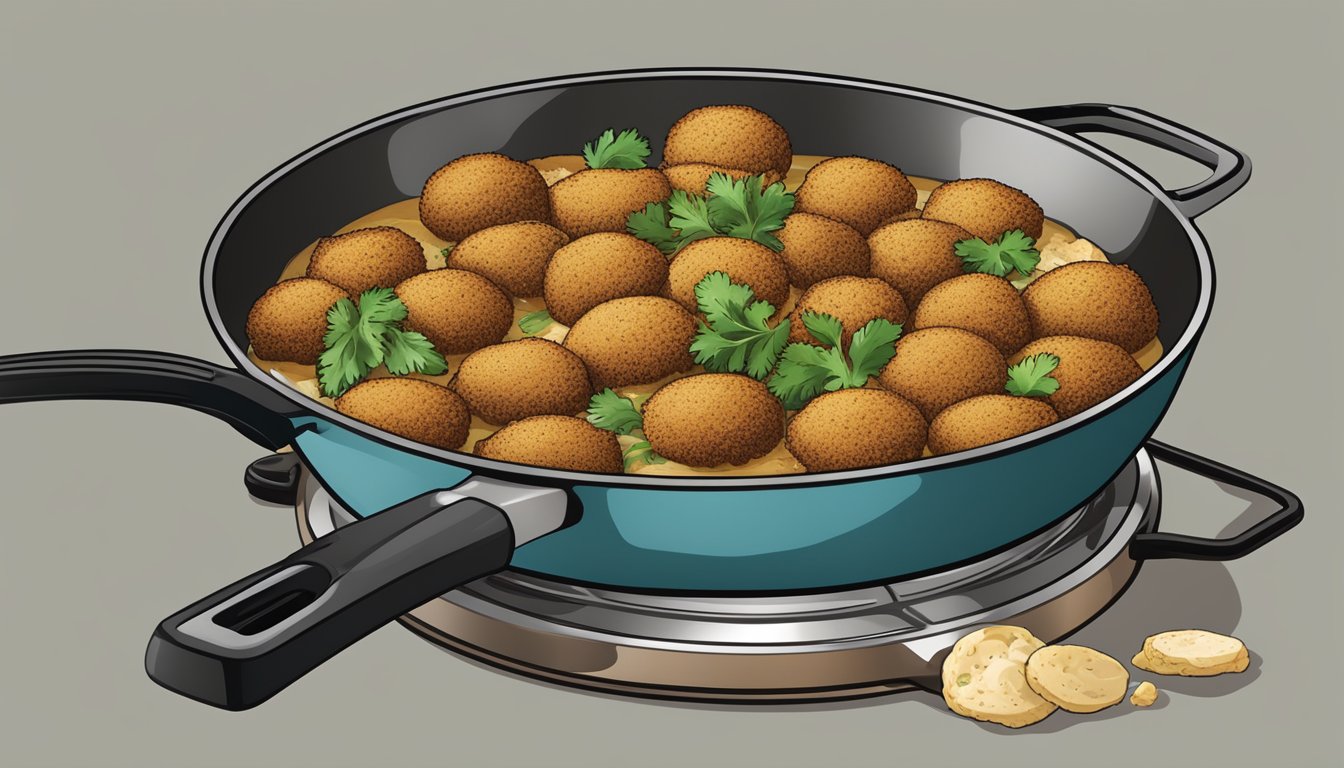 A skillet sits on a stovetop, sizzling as gluten-free falafel is reheated, emitting a savory aroma