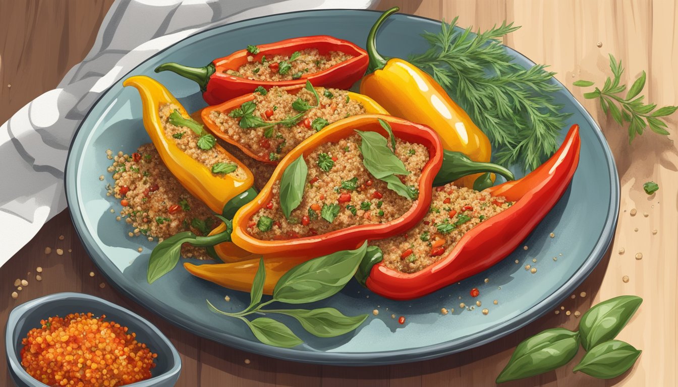 A plate of grilled peppers surrounded by fresh herbs and a drizzle of olive oil, with a side of quinoa and a sprinkle of sea salt