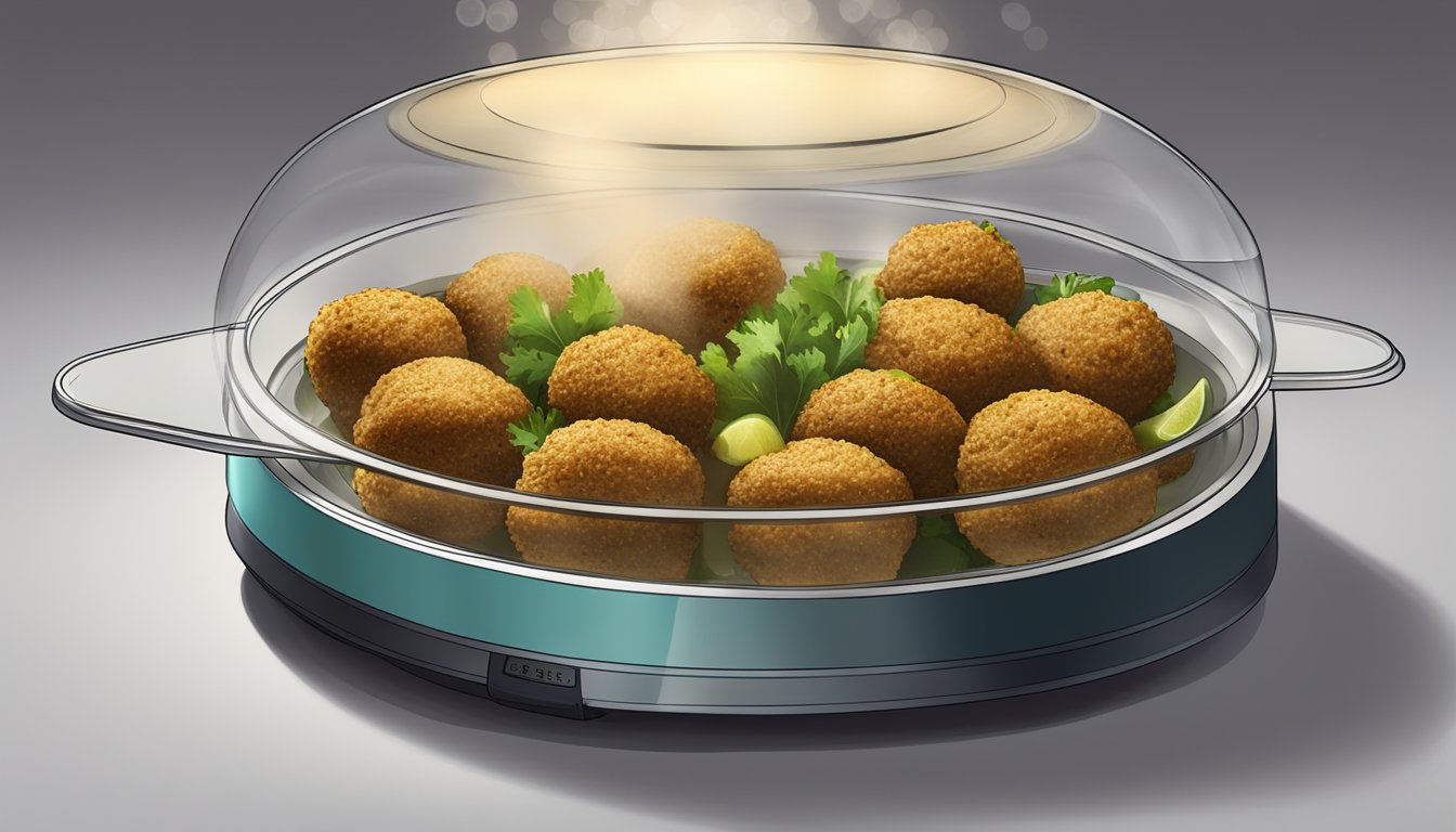 A plate of gluten-free falafel sits in the microwave, steam rising as it reheats on a rotating glass tray