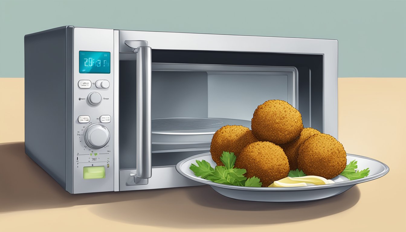 A plate of gluten-free falafel being reheated in a microwave or oven