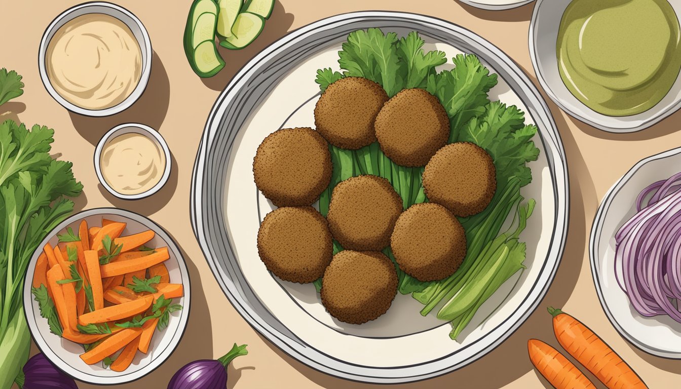 A plate of gluten free falafel being reheated in the oven, with a side of fresh vegetables and a small dish of tahini sauce for dipping