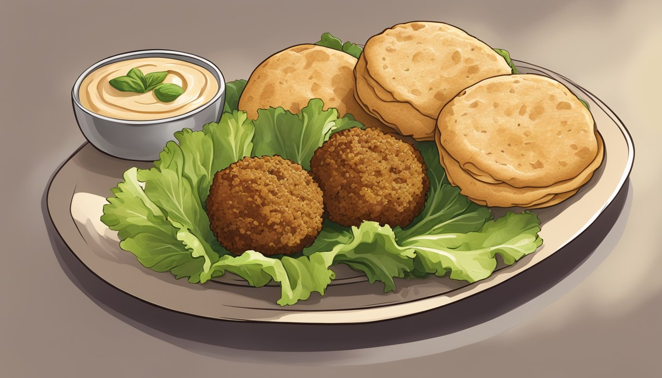 A plate of gluten-free falafel arranged on a bed of lettuce, with a side of hummus and warm pita bread