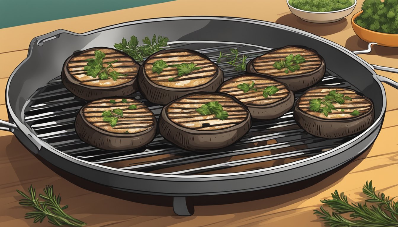 A plate of grilled portobello mushrooms being reheated on a grill, emitting a savory aroma, with a sprinkle of herbs for added flavor