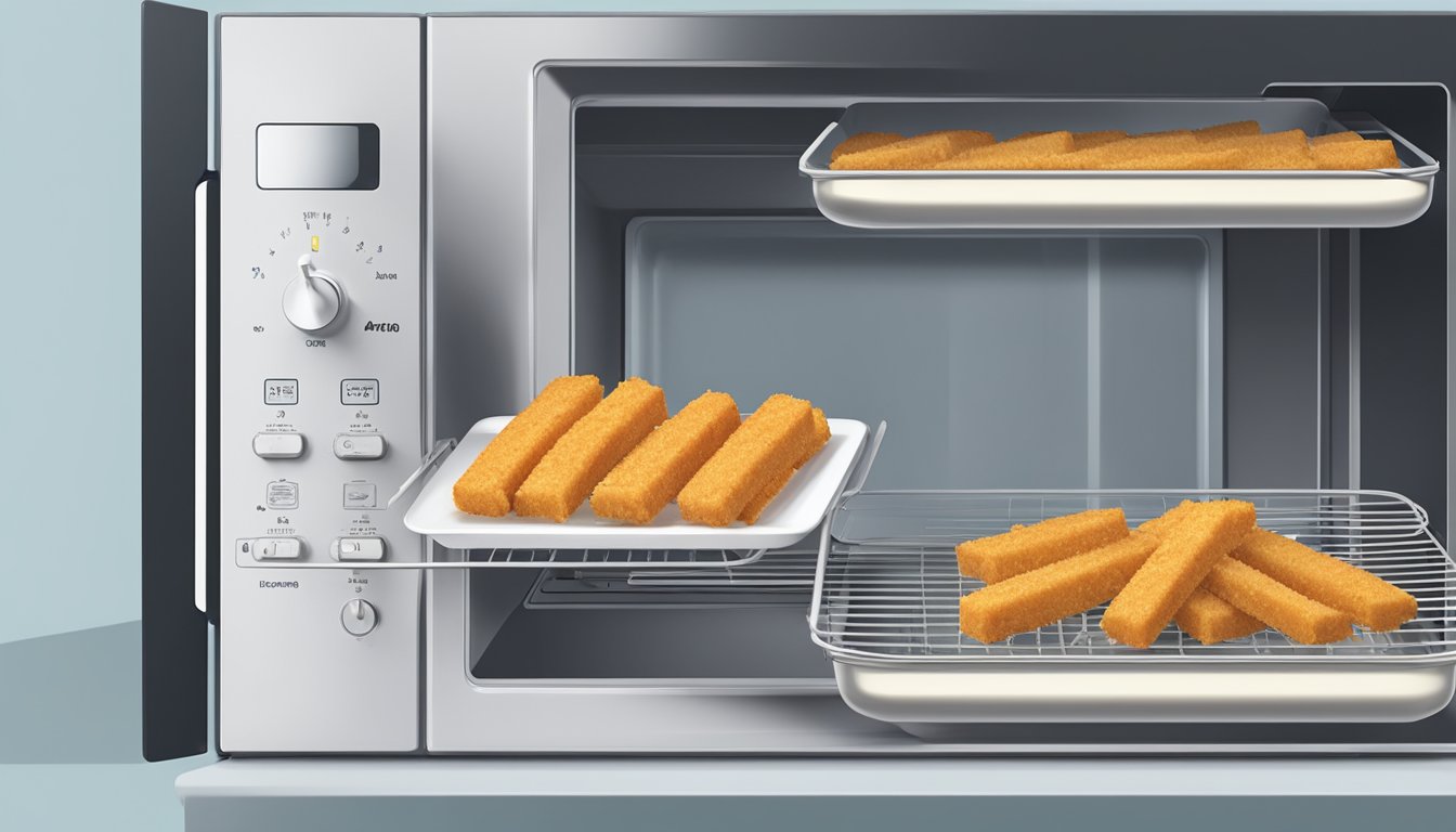 A plate of gluten-free fish sticks sits inside a microwave. The microwave is on and the fish sticks are rotating on the turntable