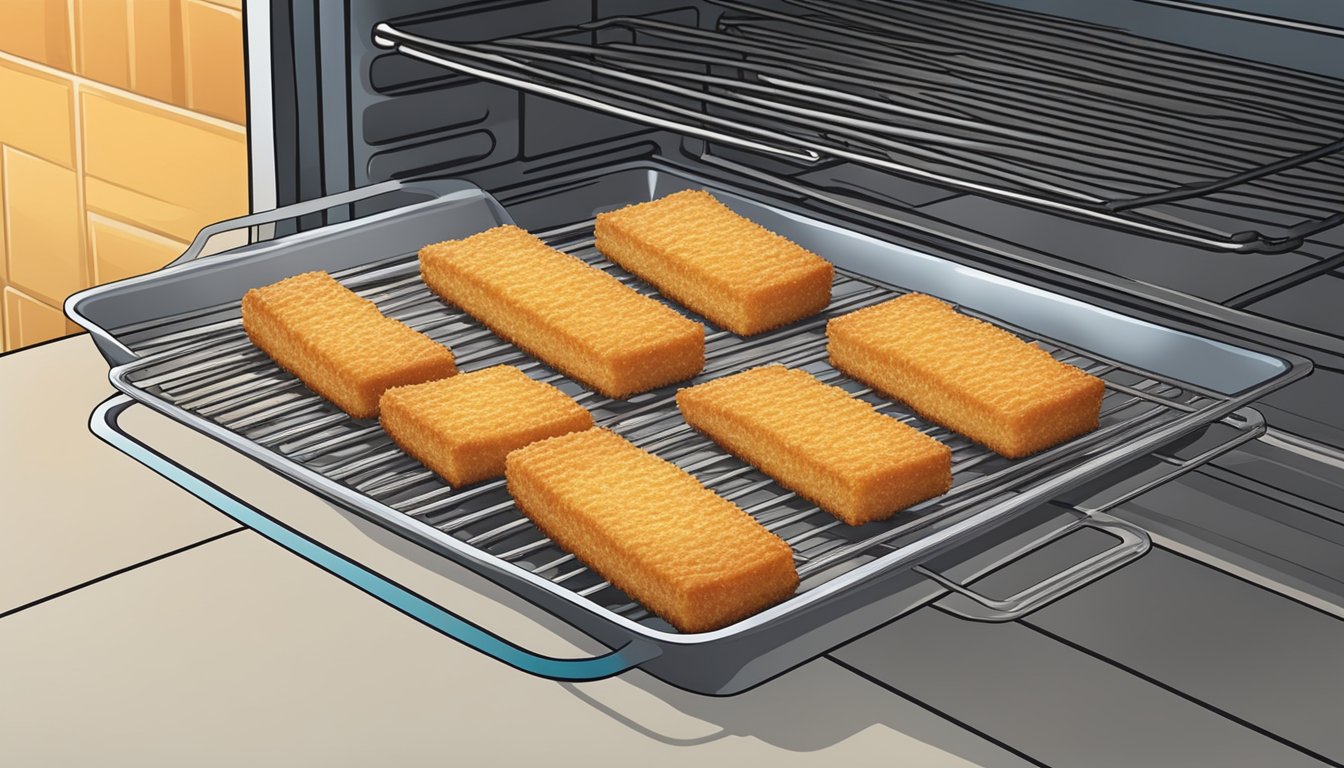 A plate of gluten-free fish sticks being reheated in the oven