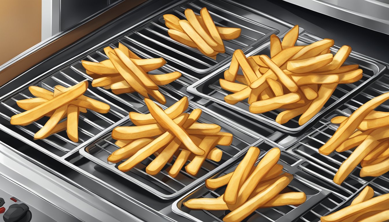 A plate of gluten-free french fries being reheated in an oven