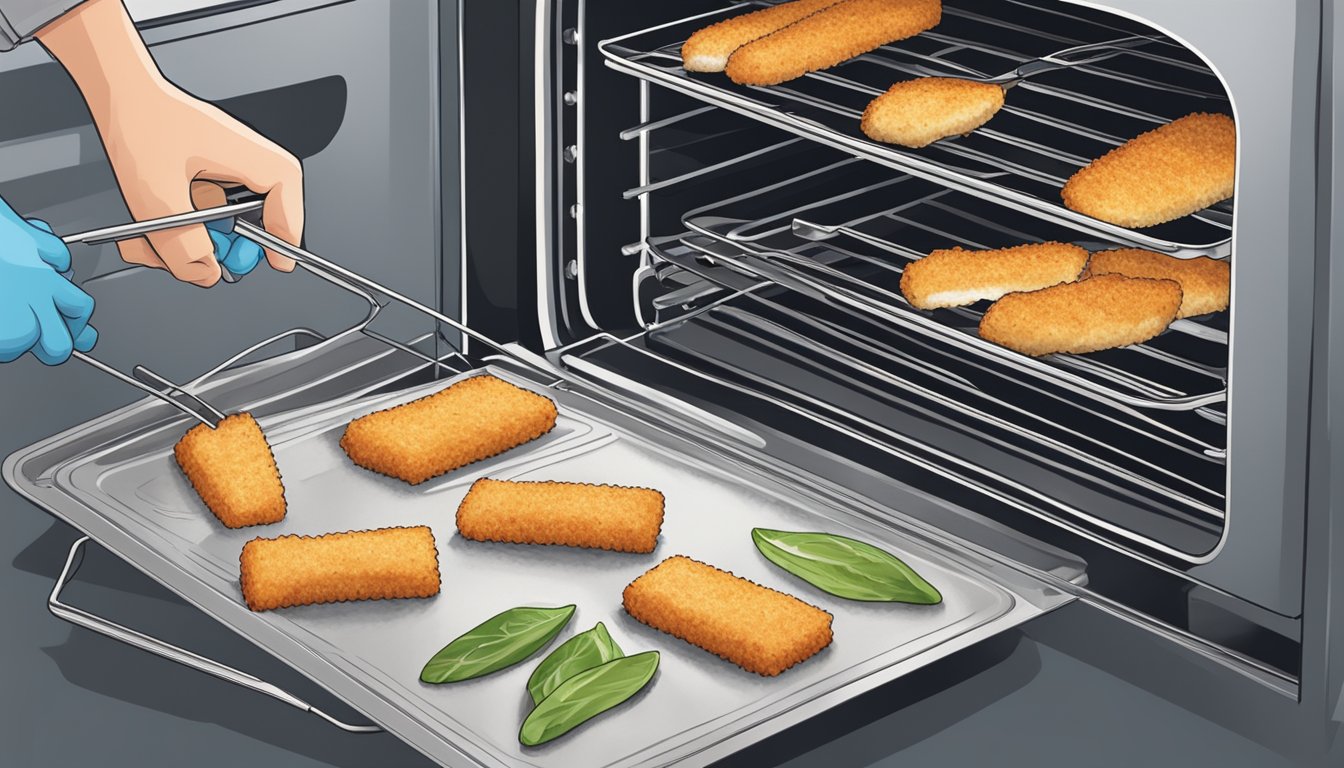 A person placing gluten free fish sticks on a baking sheet in an oven, with a timer nearby and an oven mitt for safety