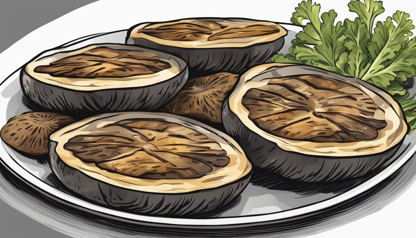 A plate of grilled portobello mushrooms being reheated in a microwave or skillet, emitting a savory aroma