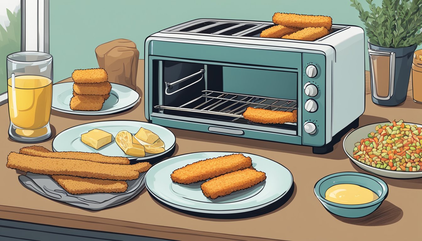 A plate of gluten-free fish sticks next to a toaster oven and various other foods for comparison