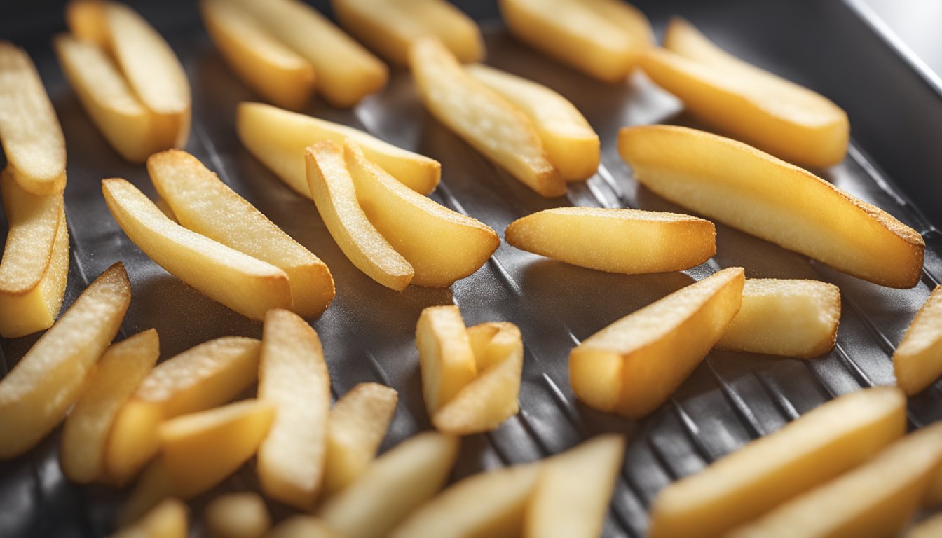 Gluten-free french fries in a single layer on a baking sheet, being reheated in the oven at a moderate temperature