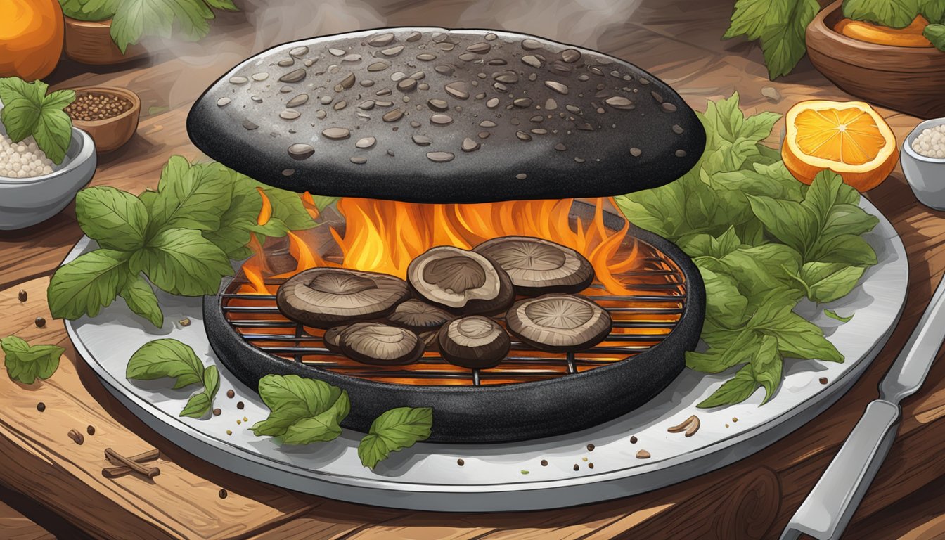 A sizzling portobello mushroom lies on a hot grill, surrounded by herbs and spices, emitting a mouthwatering aroma