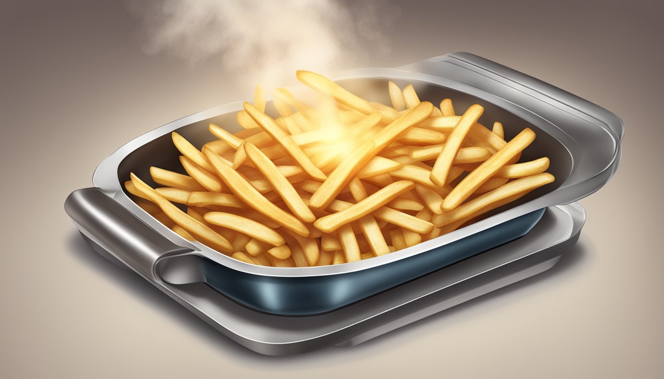 A plate of gluten-free french fries being reheated in an oven, with steam rising from the crispy golden fries, creating a mouth-watering aroma