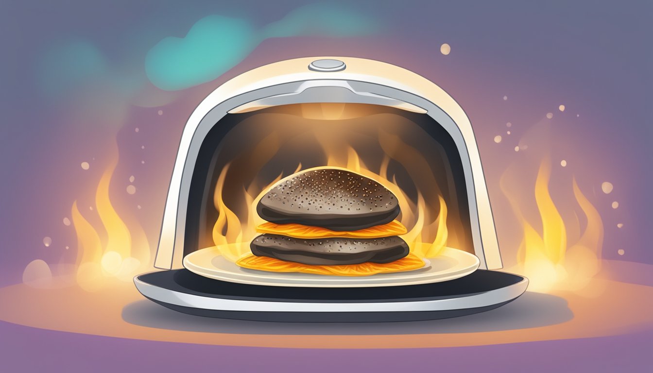 A plate of gluten-free grilled portobello mushrooms being reheated in the microwave, with steam rising from the hot food