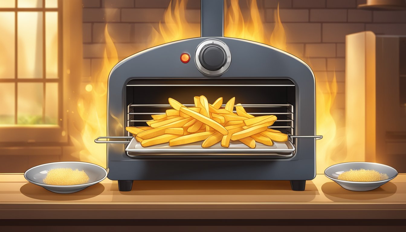 A plate of golden, crispy gluten-free french fries being heated in an oven, emitting a tantalizing aroma