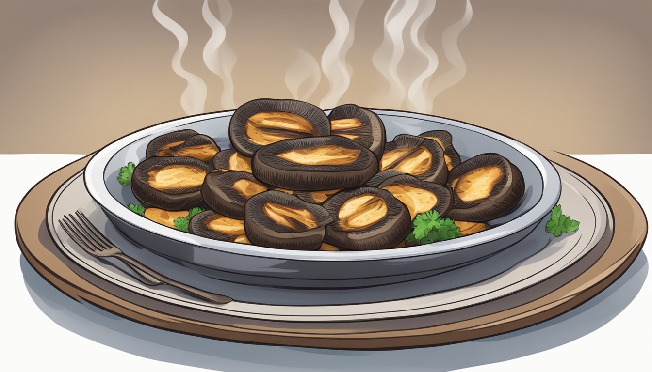 A plate of grilled portobello mushrooms being reheated in a microwave or oven