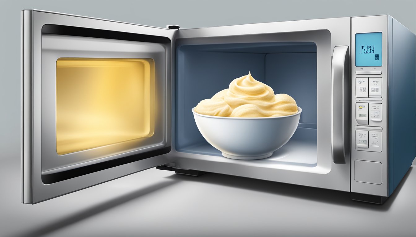 A bowl of gluten-free frozen yogurt being gently warmed in a microwave