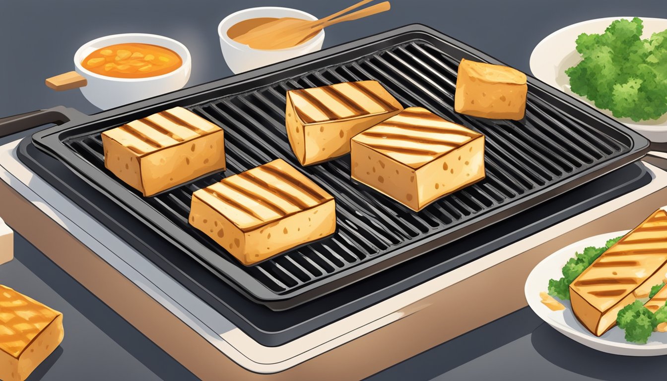 A plate of grilled tofu being reheated on a non-stick pan over medium heat, with steam rising from the sizzling tofu