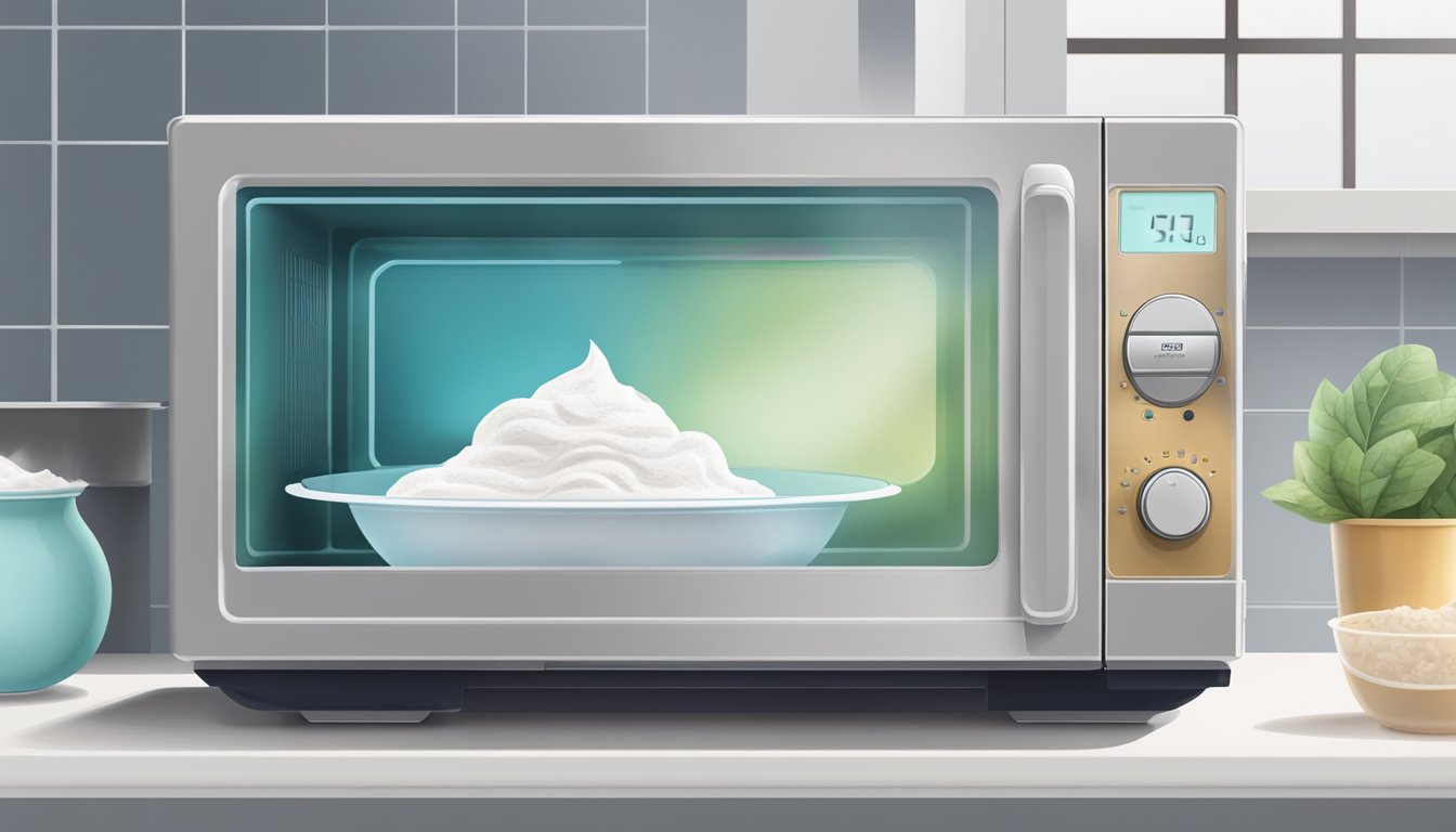 A microwave with a bowl of gluten-free frozen yogurt inside, steam rising as it is heated