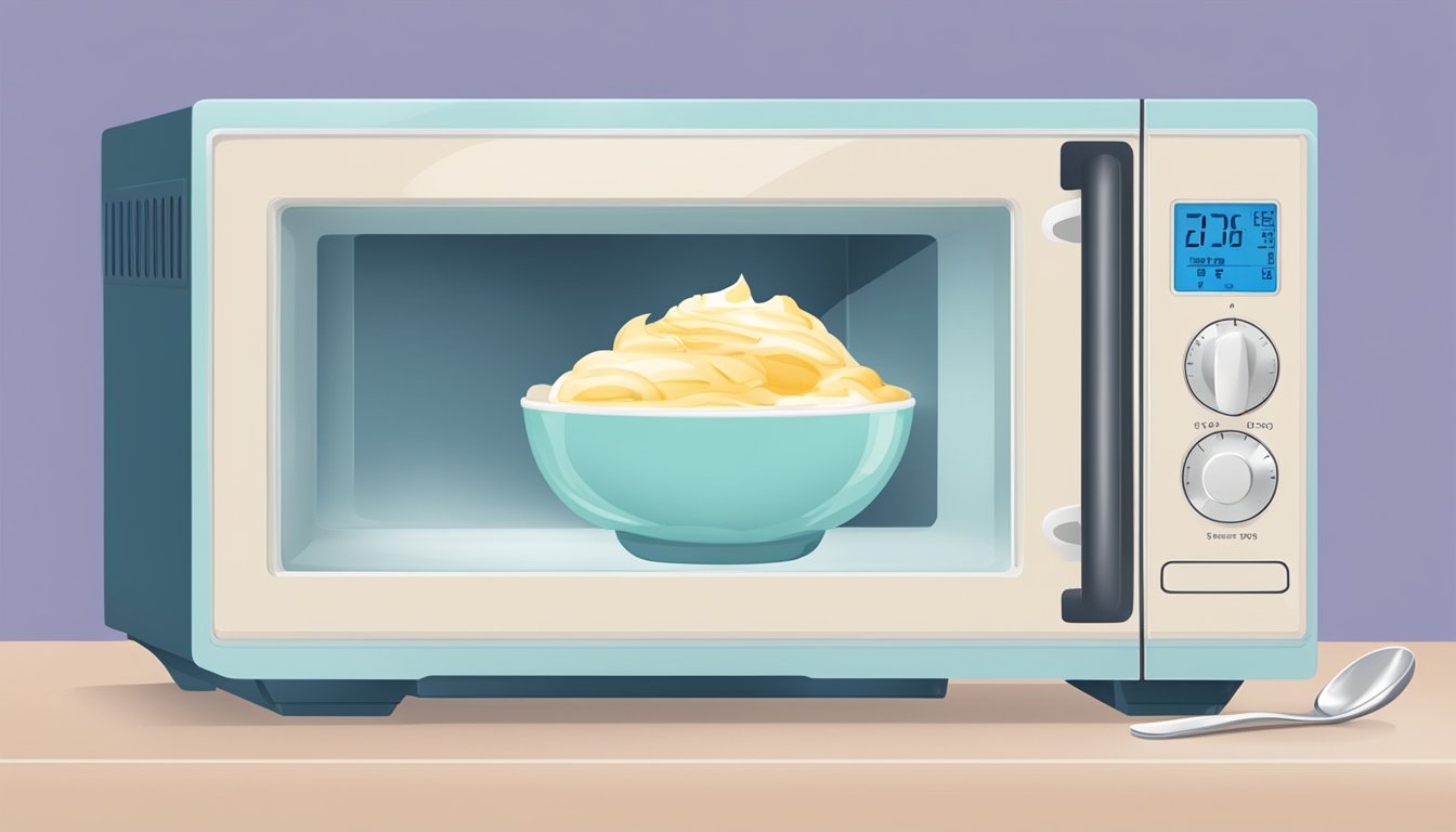 A microwave with a bowl of frozen yogurt inside, a spoon, and a timer set for reheating