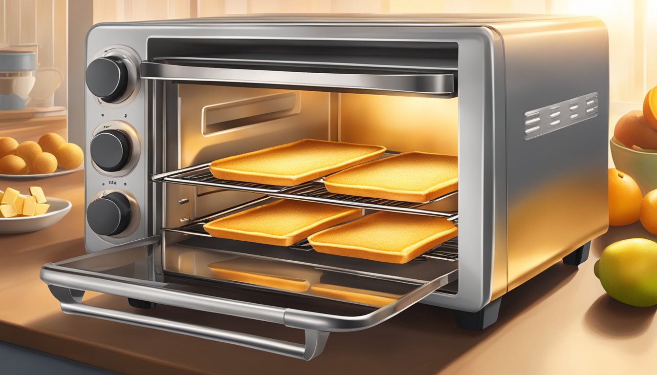 A toaster oven with gluten free fruit bars inside, emitting warm, golden light