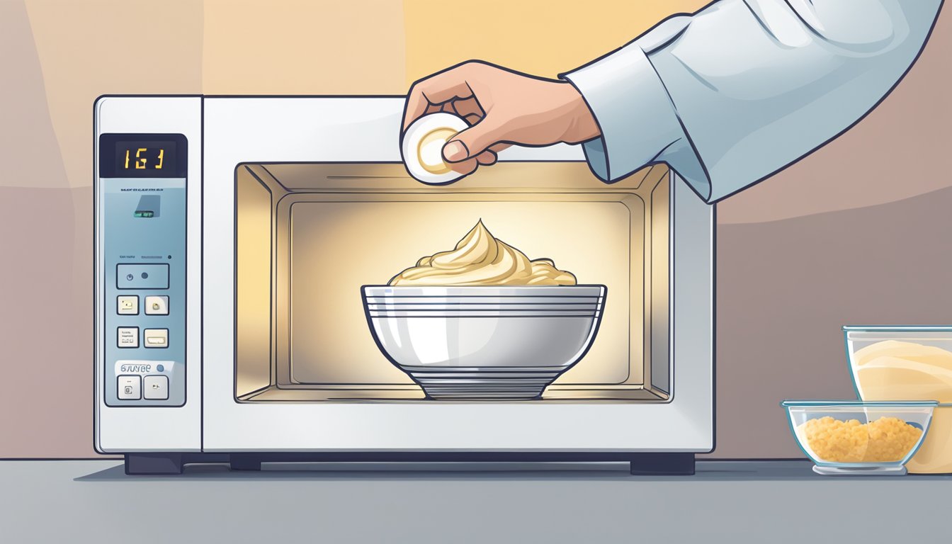 A person placing a container of gluten-free frozen yogurt in a microwave and setting the timer